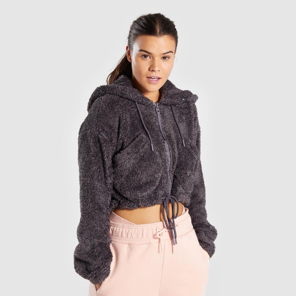 Gymshark XS Cozy Drawstring Zip Up Hoodie Cropped Women’s Dark Grey